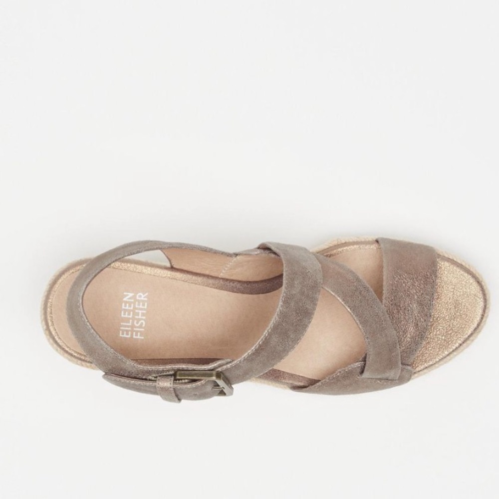 NWOT π‘ EILEEN FISHER Beckon Suede Jute Espadrille Wedge Sandals Bronze Metallic - Picture 13 of 15